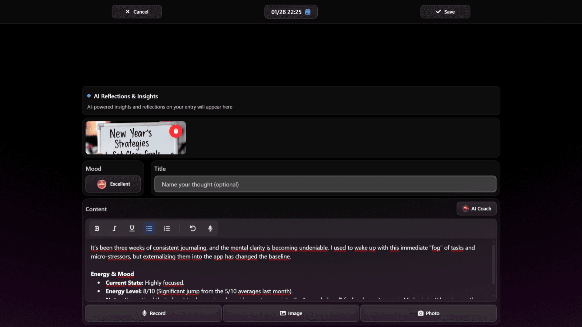 DailyLens written journal entry with text and an AI deepening action