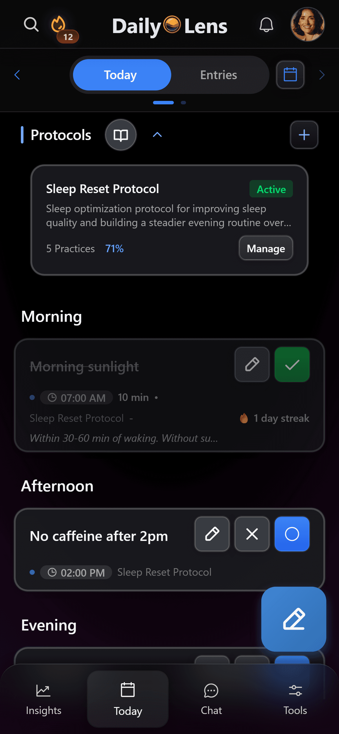 DailyLens Insights screen showing sample consistency, mood, and reflection data: Record what matters now.