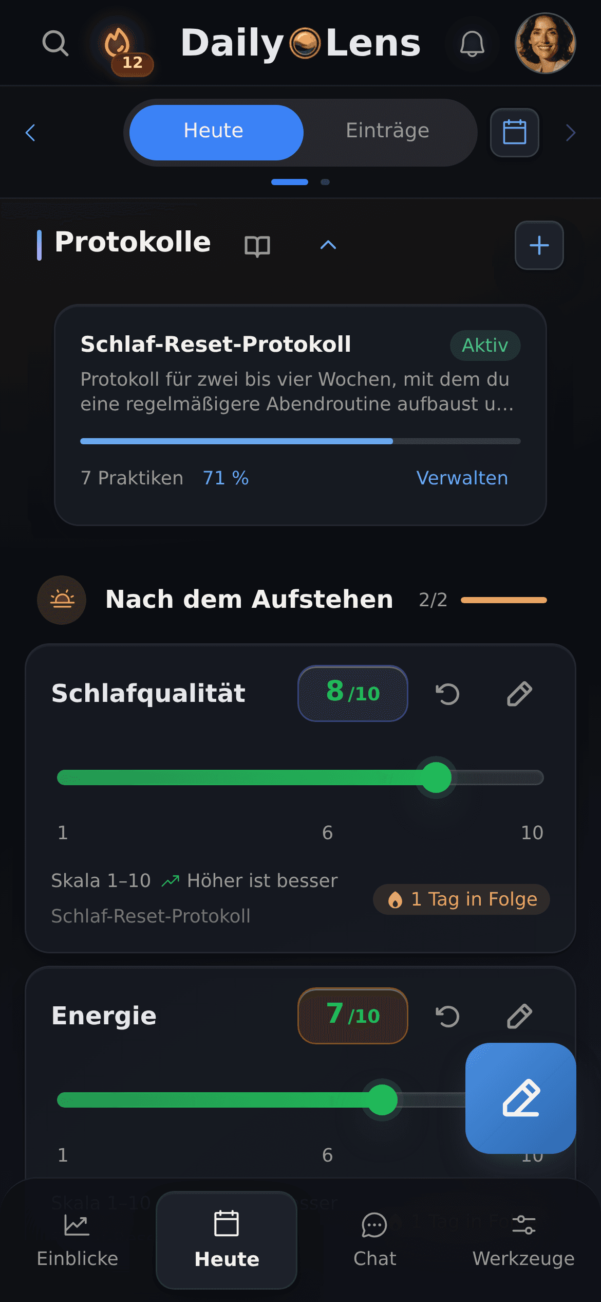 Ansicht „Heute“ mit einem Schlafprotokoll und Praktiken nach Tageszeit