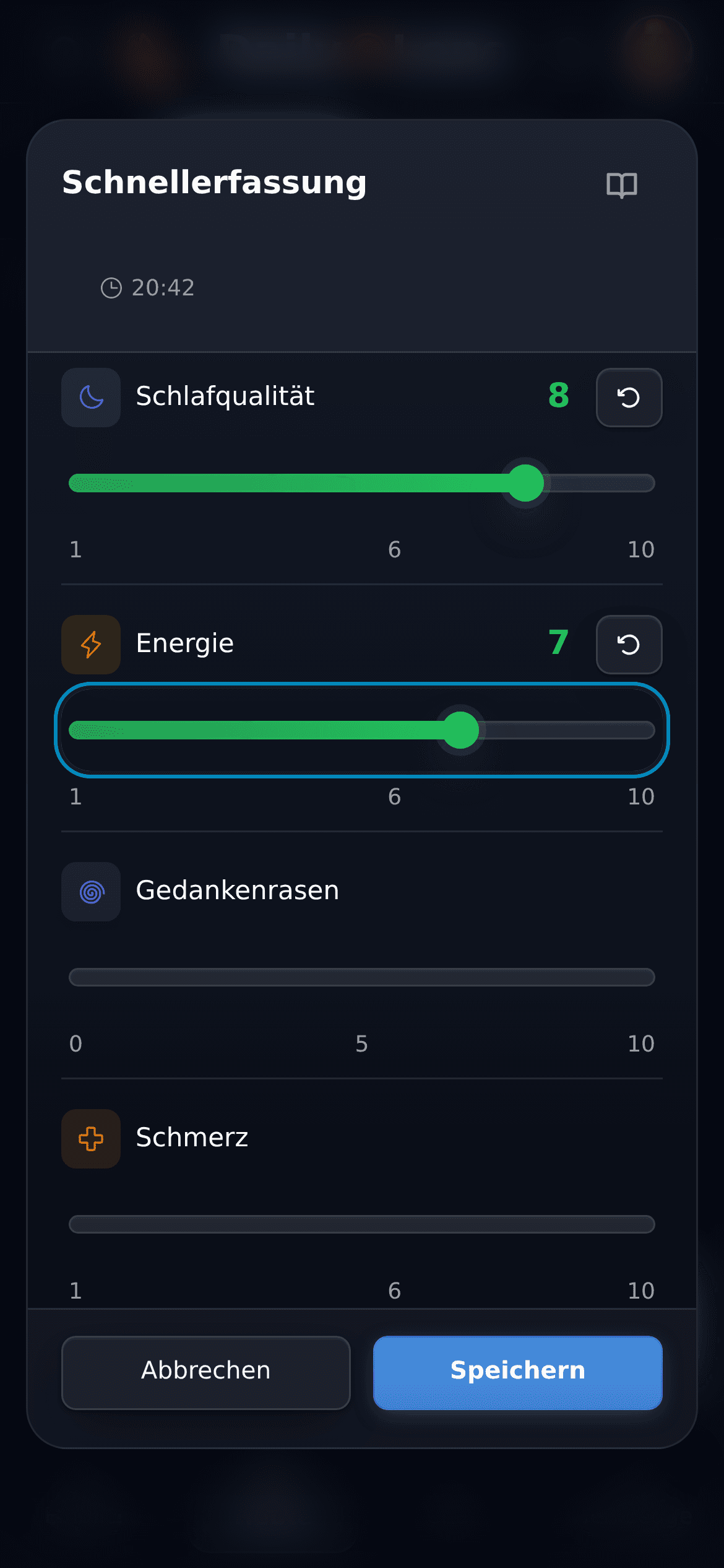Schnellerfassung mit Schiebereglern für Schlafqualität und Energie