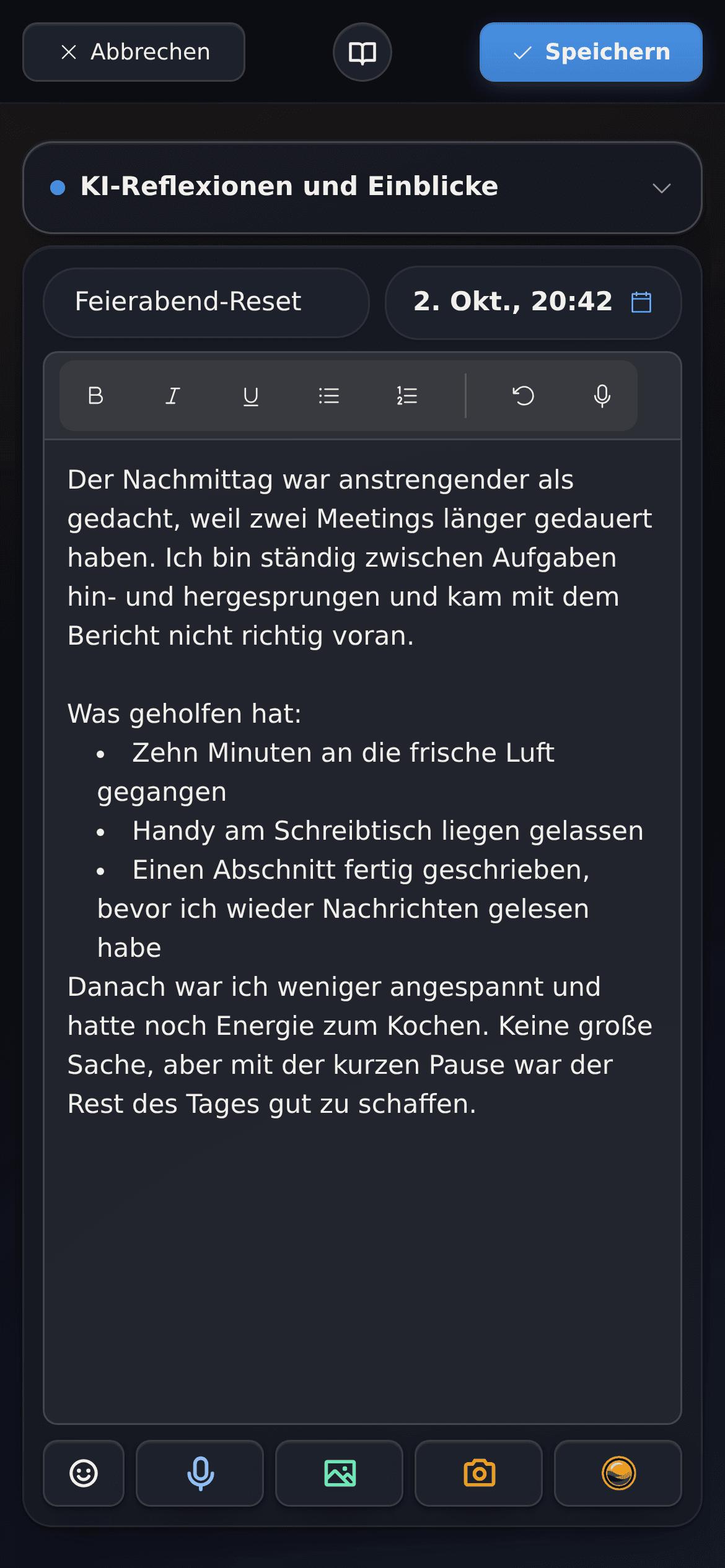DailyLens-Editor für Texteinträge mit einer kurzen Reflexion und einer Liste