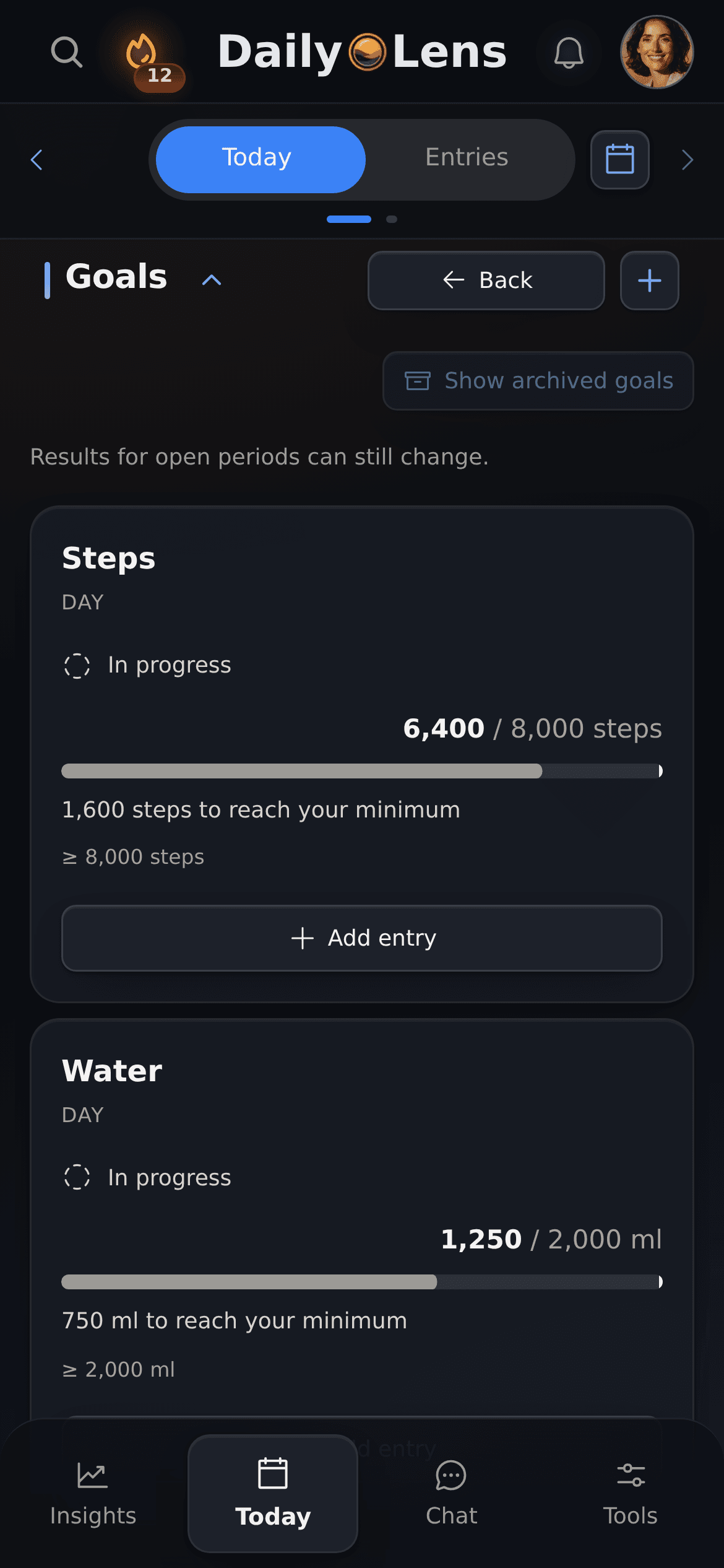 DailyLens Goals panel with steps and water progress for the day
