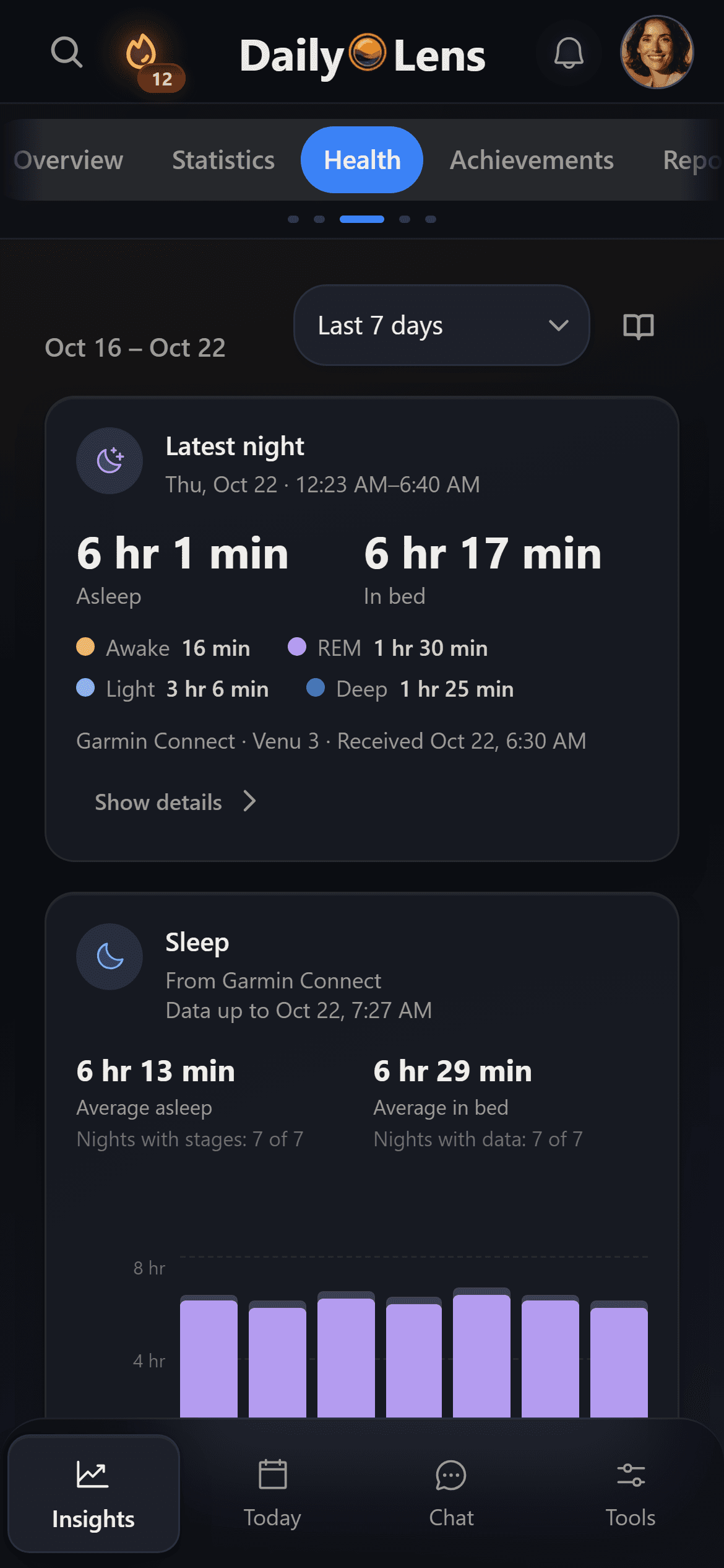 Health tab in the DailyLens app with last night's sleep and the past 7 days