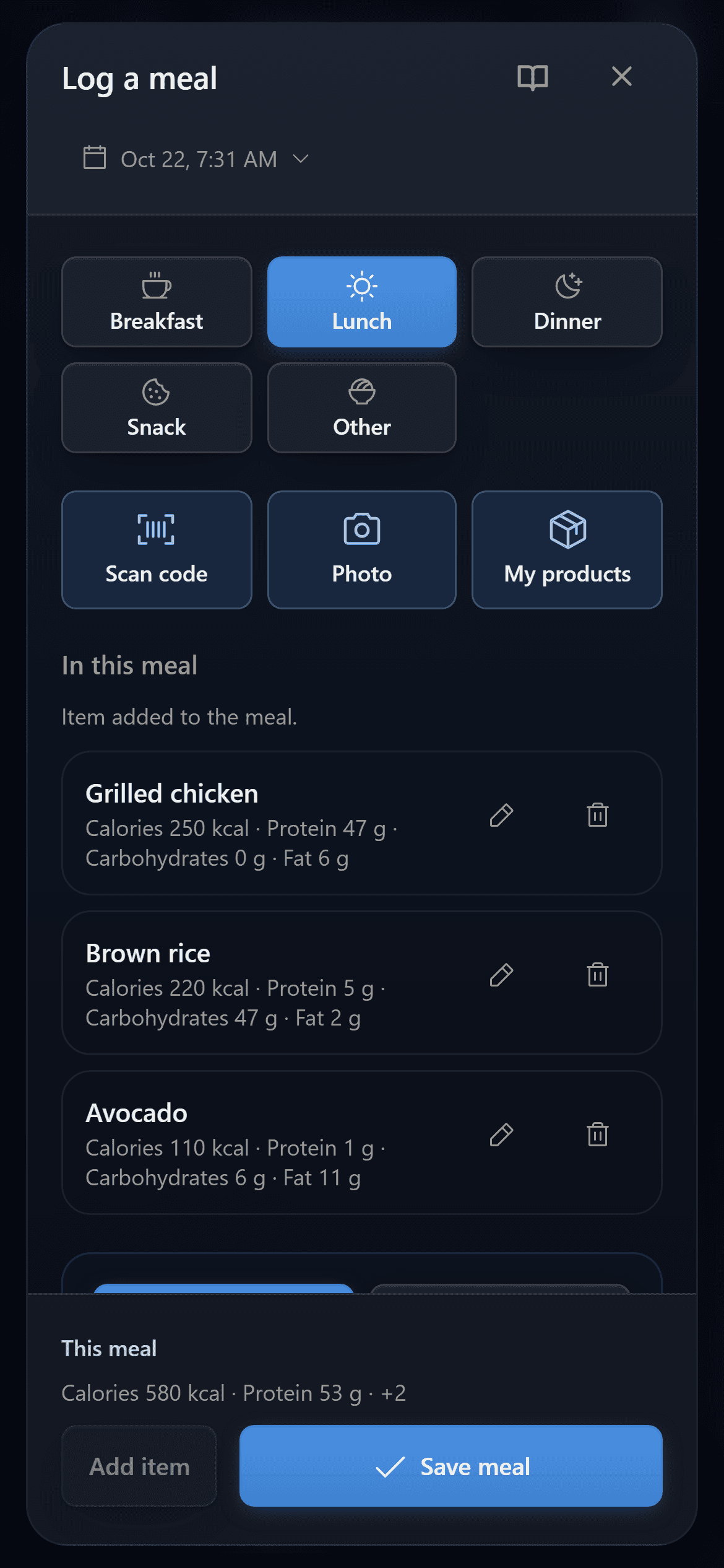 Meal logging screen in the DailyLens app