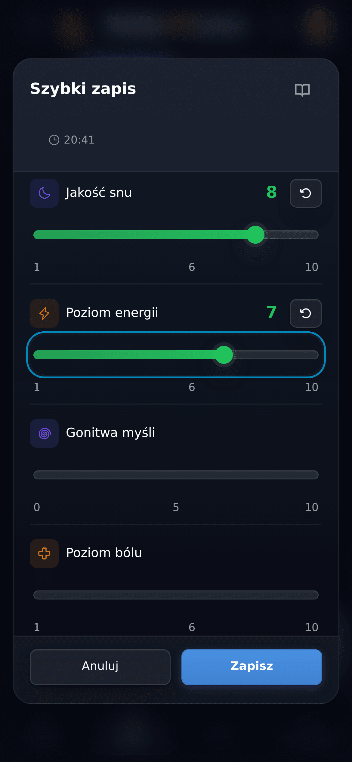 Ekran szybkiego zapisu w DailyLens z suwakami jakości snu i poziomu energii