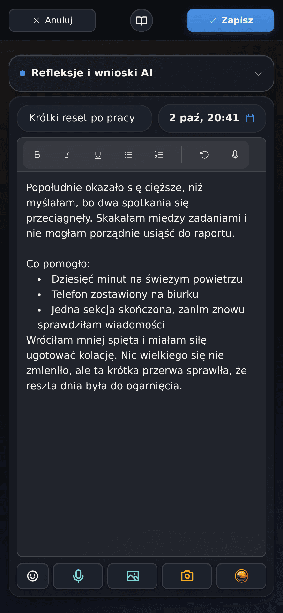 Edytor wpisu tekstowego w aplikacji DailyLens