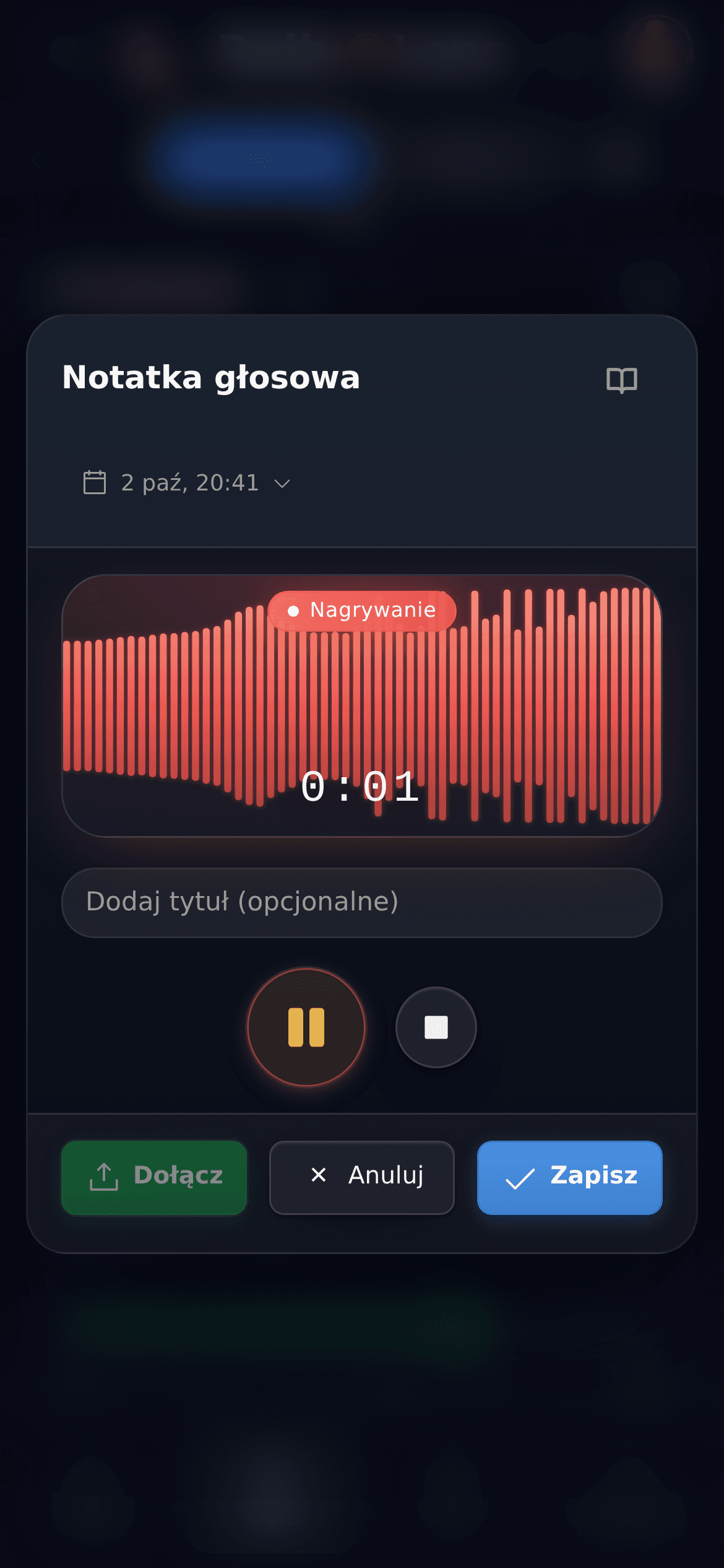 Ekran nagrywania notatki głosowej w DailyLens