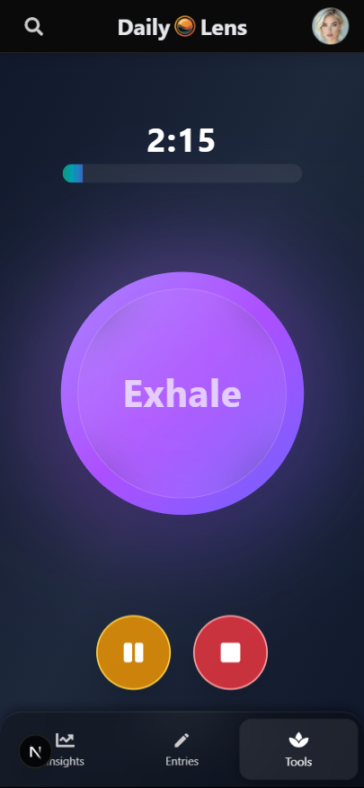 App screen of a breathing session in progress, dark mode