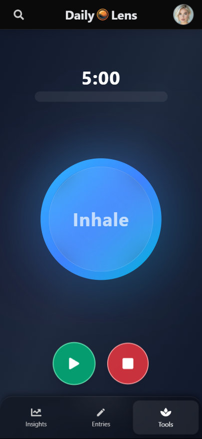 App start screen for a guided breathing session, dark mode