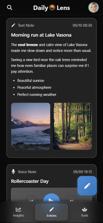 Unified entries feed in the app, dark mode