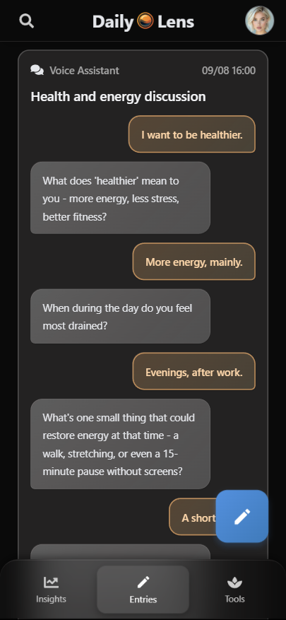 App entries with AI voice assistant, dark mode