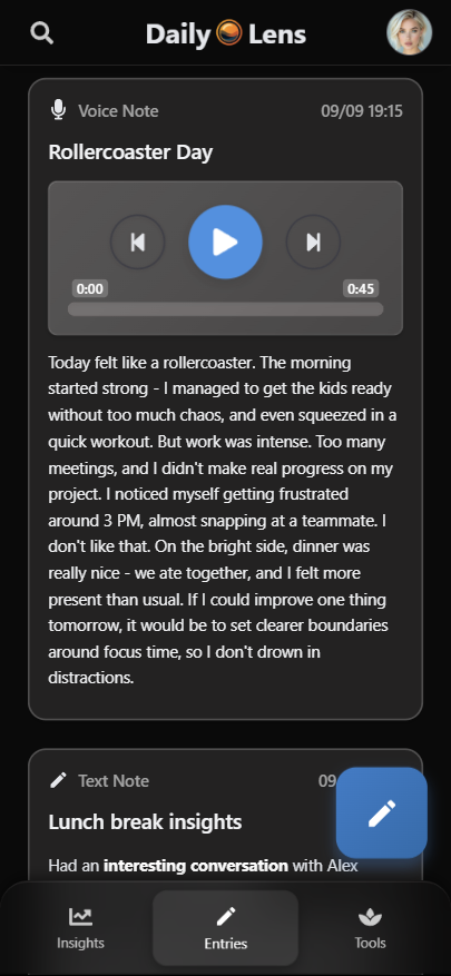 App list of voice entries, dark mode
