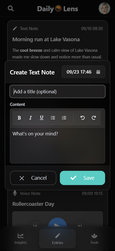 App screen for AI-assisted text journaling, dark mode