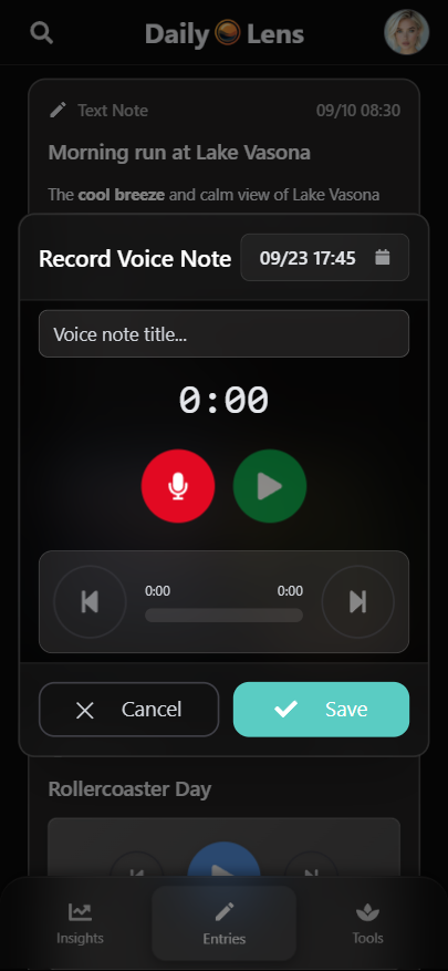 App screen for recording a voice note with transcription, dark mode