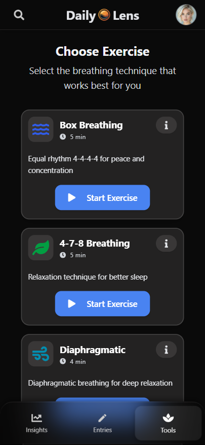 App tools screen with breathwork exercises, dark mode